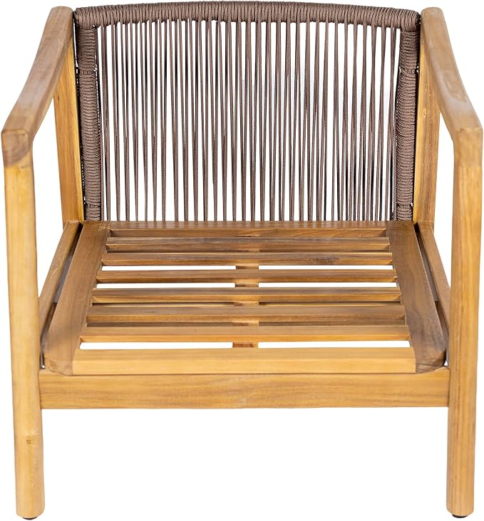 Christopher Knight Home Seward Acacia Wood Lounge Chair Outdoor with Removable Cushion, Solid Wood Patio Accent Chair with Rope Backrest, Patio Outdoor Armchair, Teak+Bown
