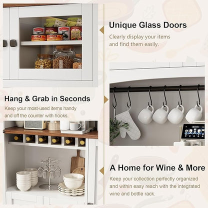 Einhomn 71" Tall Kitchen Pantry Cabinet with Charge Station, 3 Adjustable Shelves, Wine Rack and Glass Door, Kitchen Hutch for Dining Room, Kitchen and Living Room, White