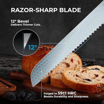 DiiHAUZZ Bread Knife for Homemade Bread, 10 Inch Serrated High Carbon Stainless Steel - Ultra Sharp Artisan Loaf Cutter for Slicing Sourdough, Crusts, Baguettes, Bagels and Cakes, Fathers Day Gift