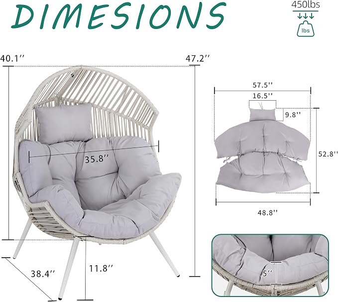 Shintenchi Wicker Egg Chair Rattan Patio Chair with Cushion, Oversized Patio Lounge Chairs Egg Basket Chair, Egg Seat for Indoor Living Room Bedroom Outside, Light Grey