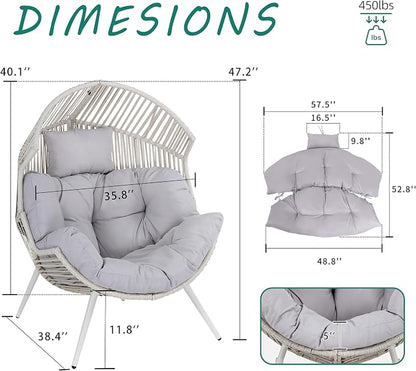Shintenchi Wicker Egg Chair Rattan Patio Chair with Cushion, Oversized Patio Lounge Chairs Egg Basket Chair, Egg Seat for Indoor Living Room Bedroom Outside, Light Grey