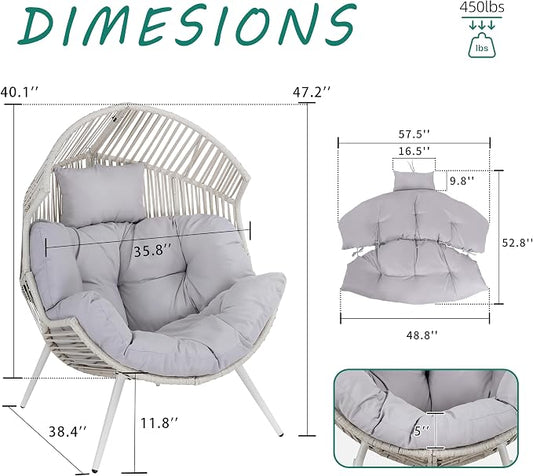 Shintenchi Wicker Egg Chair Rattan Patio Chair with Cushion, Oversized Patio Lounge Chairs Egg Basket Chair, Egg Seat for Indoor Living Room Bedroom Outside, Light Grey
