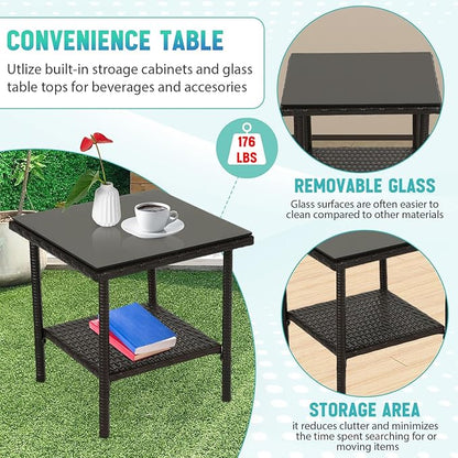 FDW 3 Piece Outdoor Furniture Set Patio Brown Wicker Chairs Furniture Bistro Conversation Set 2 Rattan Chairs with Blue Cushions and Glass Coffee Table for Porch Lawn Garden Balcony Backyard