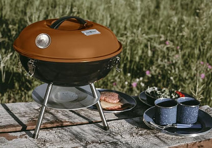 GasOne 14-inch Portable Charcoal Barbecue Grill with Thermometer Lux Brown | 3-Point Locking Lid for Heat Preservation – Dual Venting System – Small Charcoal Grill for Backyard, Camping, Boat
