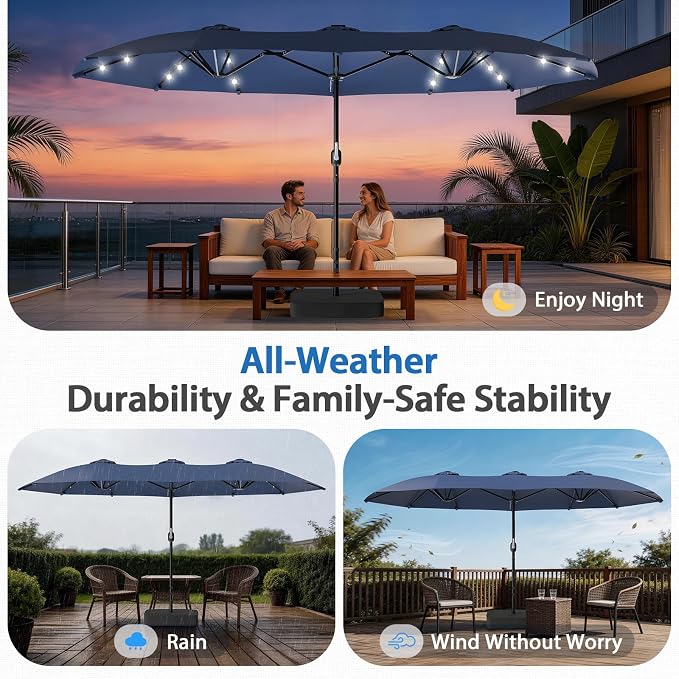HOPERAN 15FT Patio Umbrella with Base Included, Large Outdoor Double-Sided Rectangle Table Umbrella with Easy Crank Lift, Market Umbrella for Backyard, Pool&Garden