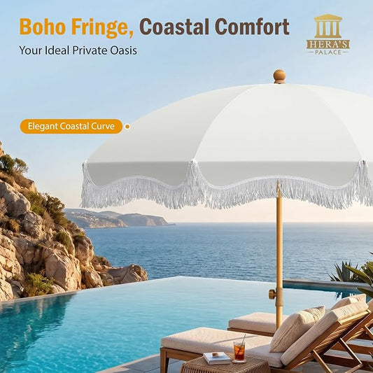 HERA'S PALACE 7 ft Heavy Duty Beach Umbrella with Sand Anchor, Fringe Umbrella for Sand, UV 50+, Patio Umbrella with Tilt Pole for Garden Pool Backyard