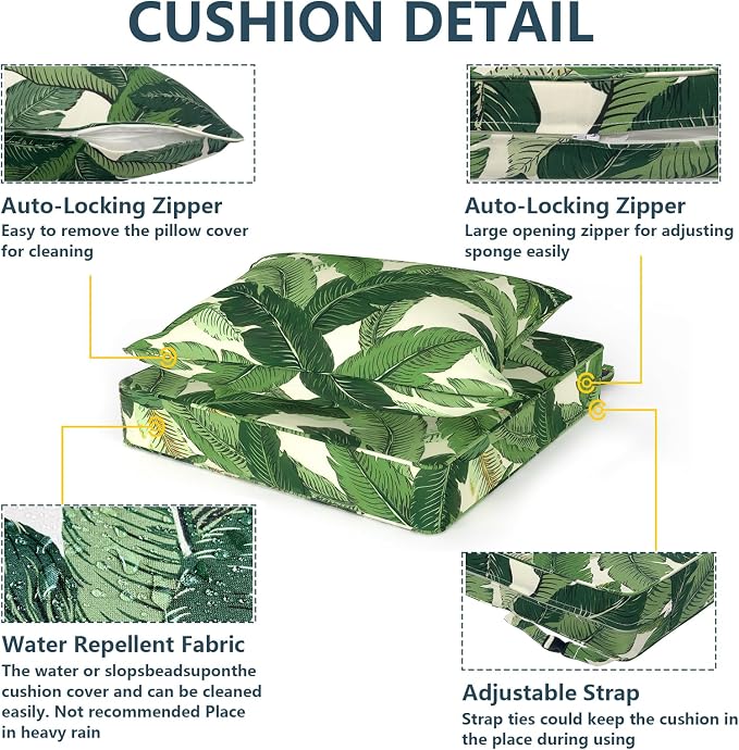 DYTXIII Outdoor Deep Seat Cushion Set, Water Repellent 22"x22" Patio Thick Cushions Replacement with Seat & Back Pillow for Patio Sofa, Wicker Chair, Couch - Swaying Palms Green