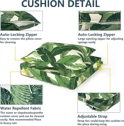 DYTXIII Outdoor Deep Seat Cushion Set, Water Repellent 22"x22" Patio Thick Cushions Replacement with Seat & Back Pillow for Patio Sofa, Wicker Chair, Couch - Swaying Palms Green