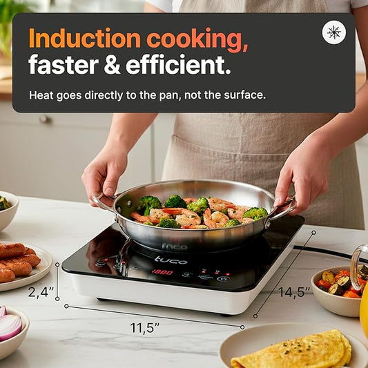 TUCO Portable Induction Cooktop Pro, Countertop Burner Hot Plate, 24-Hour Timer, 1800W, Shatter-Proof Ceramic Glass, LCD Touch, Child & Overheat Protection, ETL Certified, 20 Cooking Modes