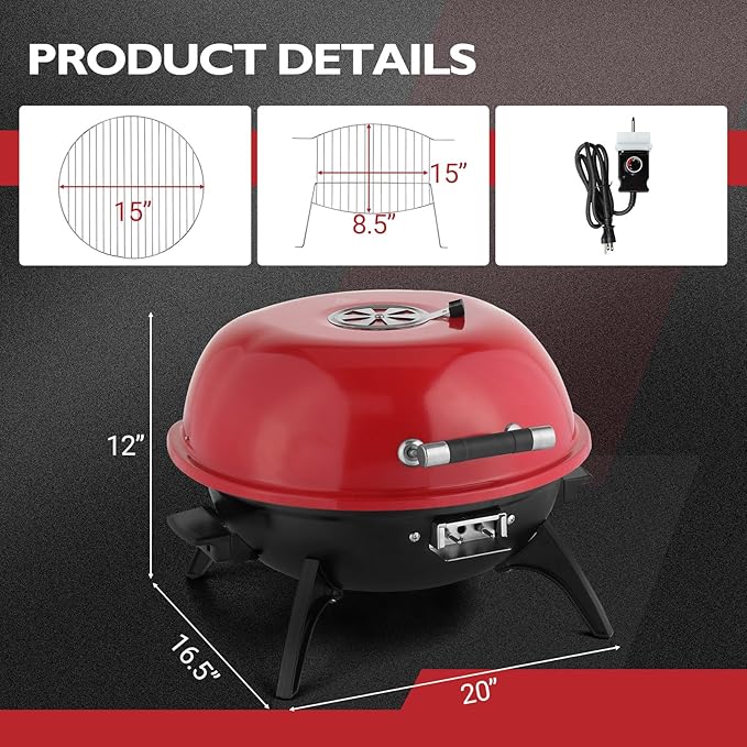 ROVSUN 1600W Red Portable Electric Grill – Adjustable Temperature Control, 304 Stainless Steel Double-Layer Cooking Surface, Removable Tabletop Stove for Indoor & Outdoor Use