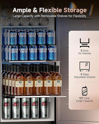 15 Inch Under Counter Beverage Refrigerator, 128 Cans Outdoor Fridge with Adjustable Glass Shelves, ≤45dB Quiet Small Beverage Refrigerator for Outdoor Kitchen & Patio (Black)