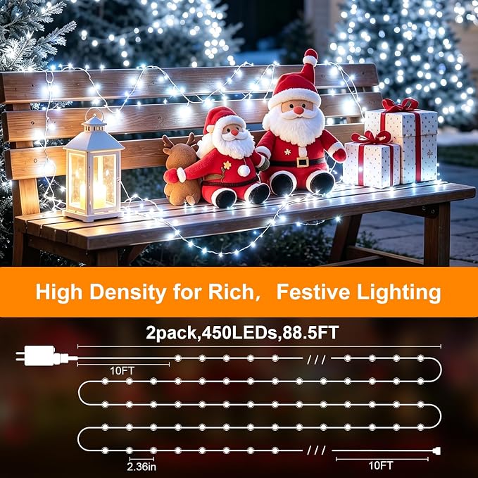 2 Pack 450 LED Fairy Lights Plug in 2 x 88FT Total 176FT Silver Wire Twinkle String Light with Remote Timer Dimmable Waterproof Copper Wire Lights for Bedroom Patio Garden Tree Wedding Christmas Decor