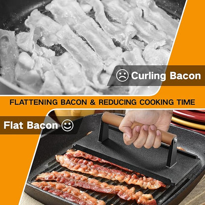 Yoehka Cast Iron Grill Press-2PCS, Heavy Duty Bacon/Burger/Griddle/Chef Press with Wood Handle, Perfectly Grilled Steak,Meat,Sandwich,Panini, 2.25lbs Cooking Weight,Rectangle(8.27"×4.25"×3.35”in)