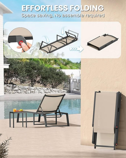 Aluminum Chaise Lounge Chair Outdoor, Foldable& No Assembly Patio Pool Lounge Chairs 5-Position Recliner for Outside, Fully Grounded Legs Sun Lounger for Poolside, 4 Packs, Khaki