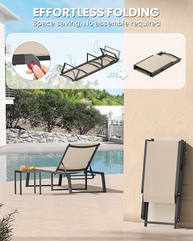 Aluminum Chaise Lounge Chair Outdoor, Foldable& No Assembly Patio Pool Lounge Chairs 5-Position Recliner for Outside, Fully Grounded Legs Sun Lounger for Poolside, Khaki, 2 Pack