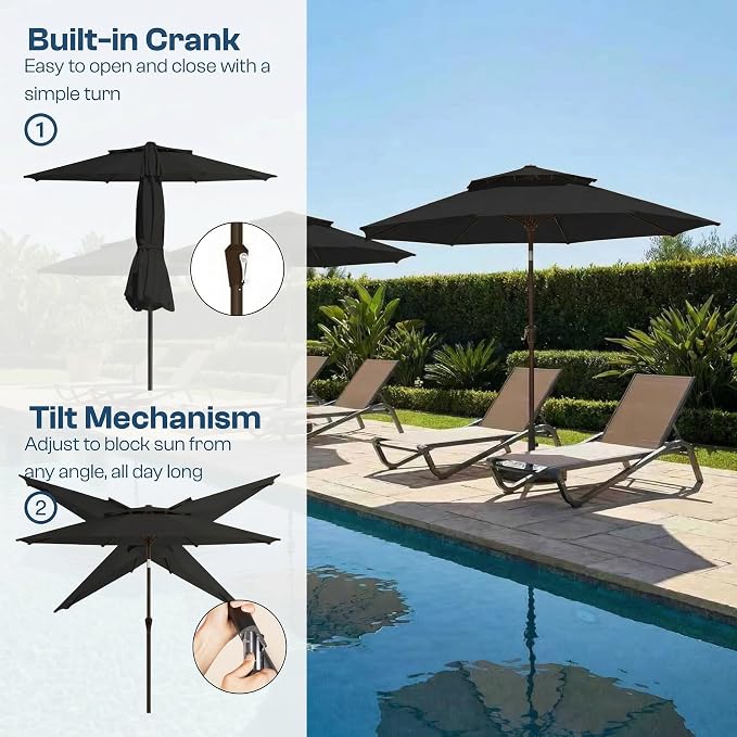10FT Patio Umbrella, 2 Tier Outdoor Table Umbrella, Large Vented Market Umbrellas with Push Button Tilt and Crank, 8 Sturdy Ribs for Backyard, Deck, Pool, UPF50+ UV Protection