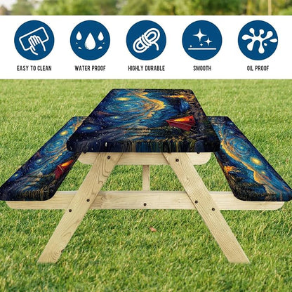 Picnic Table Cover with Bench Covers Elastic Edges, Blue Starry Night Camping Table Cover, Waterproof Windproof Fitted, for Outdoor Camping Patio Backyard Gatherings, Drawstring Bag, 96 Inch 3PCS