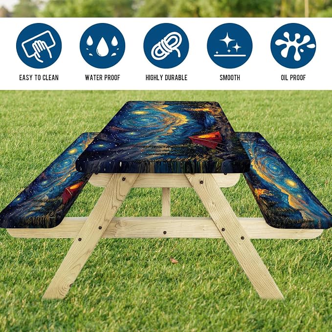 Picnic Table Cover with Bench Covers Elastic Edges, Blue Starry Night Camping Table Cover, Waterproof Windproof Fitted, for Outdoor Camping Patio Backyard Gatherings, Drawstring Bag, 60 Inch 3PCS