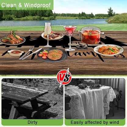 JAWO Picnic Table Cover with Bench Covers, Rustic Wooden Camper Fitted Table Cover, Outdoor Patio Camping Essentials, Waterproof Camping Fitted Tablecloth with Drawstring Bag, 30X72inches