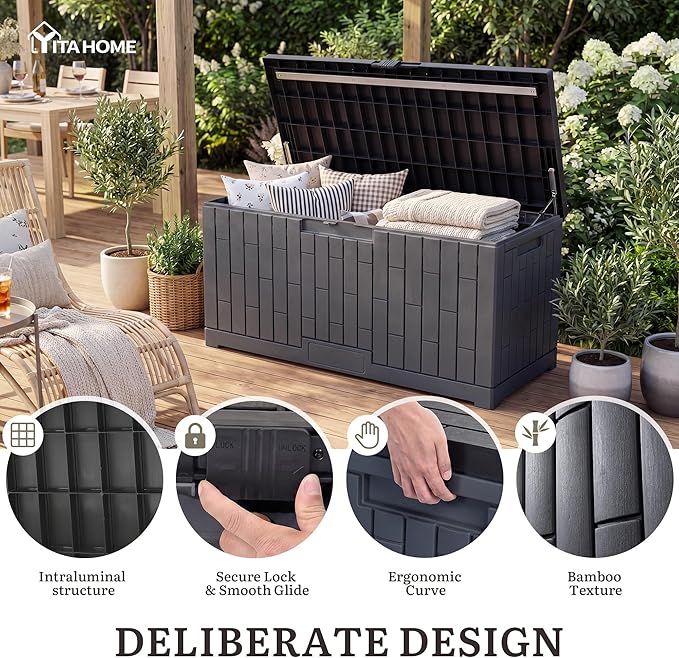 YITAHOME 120 Gallon Large Deck Box, Resin Outdoor Storage Box for Outdoor Pillows, Garden Tools and Pool Supplies, Waterproof, Lockable, Dark Gray
