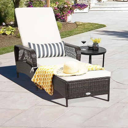 COSTWAY PE Rattan Chaise Lounge Chair, 6 Gear Adjustable Recliner with Armrest & Pillow, Wicker Outdoor Furniture for Deck, Patio (2, Brown)