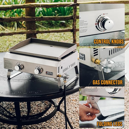 ONLYFIRE GRILLS Tabletop Gas Griddle 2 Burners, Propane Gas Stove, GS319 | Portable Flat Top Griddle for 1lb/20lb Propane, Outdoor Cooking Patio BBQ Camping Tailgating RV, Stainless Steel 16000BTU