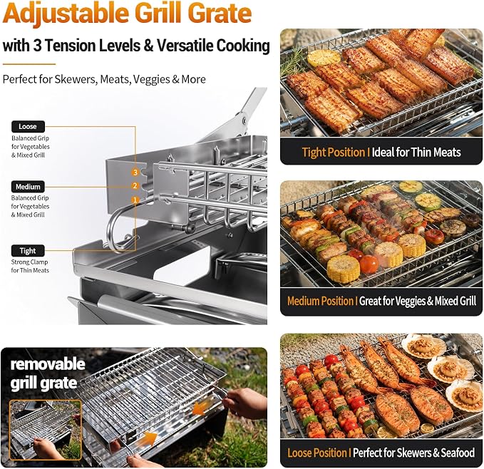 Portable Gas Grill,360° Rotating Charcoal Grill,Stainless Steel Flipping Camping Barbecue Grill with Carry Bag,Detachable BBQ Grill & Fire Pit for Outdoor Cooking,Camping,Tailgating, Patio & Backyard