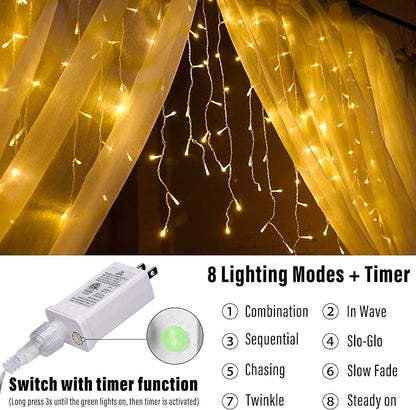 Joomer 33FT Christmas Icicle Lights Outdoor Connectable Warm White | 50 Drops 8 Modes Timer Waterproof Plug-in String Light for Christmas Party, holiday Eaves Roof yard Xmas Decorations