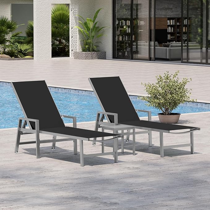 Patio Chaise Lounge Chair Outdoor with Wheels&Armrests, Aluminum Pool Lounge Chairs Five-Position Adjustable Recliner with Side Table, Outdoor Beach Lounge Chairs for Poolside, Deck, Garden, Black