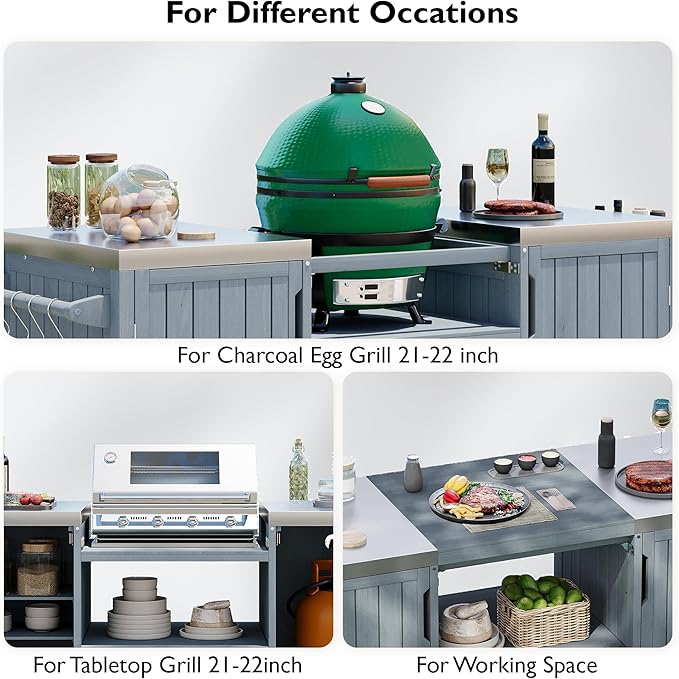 LUMISOL Outdoor Grill Cart for Big Green Egg Grills, 66.5" Solid Wood Outdoor Kitchen Island with Stainless Steel Top, Rolling Kitchen Cart with Internal Storage Rack, Spice & Towel Rack, Grey Blue