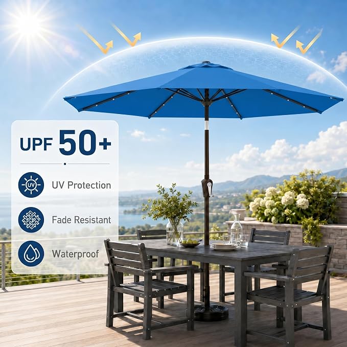 10FT Solar Patio Umbrella with Lights, Outdoor Table Market Umbrella with 32 LED Lights, 8 Sturdy Ribs, Push Button Tilt and Crank for Pool, Deck and Garden, UV-Resistant