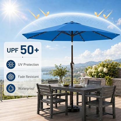 10FT Solar Patio Umbrella with Lights, Outdoor Table Market Umbrella with 32 LED Lights, 8 Sturdy Ribs, Push Button Tilt and Crank for Pool, Deck and Garden, UV-Resistant