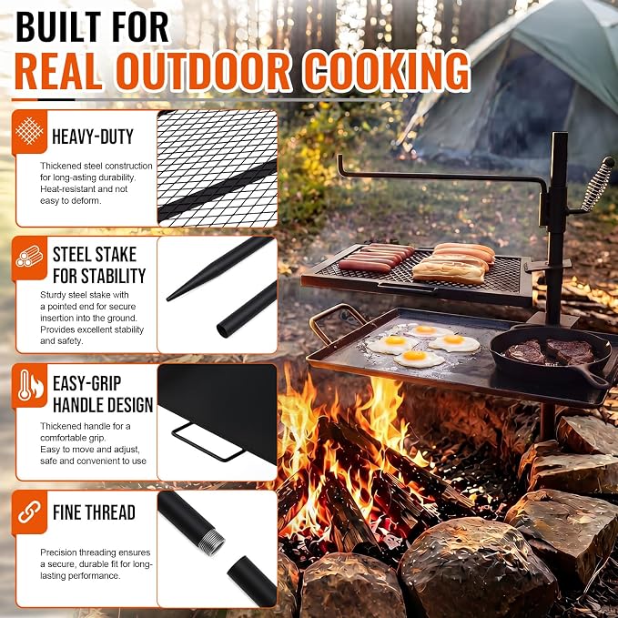 18.5" x 16" Fire Pit Campfire Grill Grate, Portable Open Fire Cooking Grill Grate Round Camping Cooking Barbecue Rack Heavy-duty, Easy Setup & Adjustable Height for Outdoor Camping BBQ