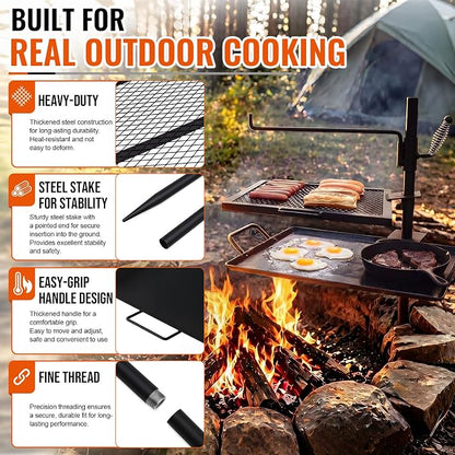 18.5" x 16" Fire Pit Campfire Grill Grate, Portable Open Fire Cooking Grill Grate Round Camping Cooking Barbecue Rack Heavy-duty, Easy Setup & Adjustable Height for Outdoor Camping BBQ