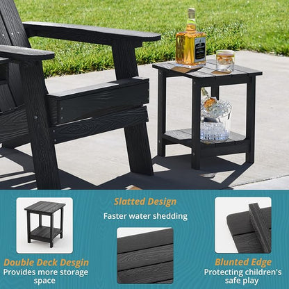 LUE BONA Outdoor Side Table, 2-Tier HDPS Small Patio Table, Black | 2-Tier Shelf for Extra Storage, Small End Table for Pool, Porch, Balcony, Weather Resistant HDPS, Easy Clean