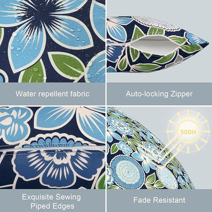 LVTXIII Outdoor Lumbar Pillow Covers Only Set of 2 Patio Decorative Pillow Cases, Water Repellent Lumbar Cushion Cases for Sofa, Patio Couch Garden Use, 12x20 Inch, Azure Botanical Symphony‌