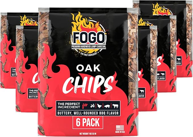 FOGO Oak Wood Chips for Grilling and Smoking, Buttery Well-Rounded BBQ Flavor for Charcoal and Gas Grills, Made in USA, 1.4 lb Bag, 6-Pack