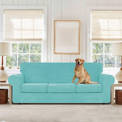 WEERRW 4 Pieces Couch Cover for Sofa Velvet Sofa Covers Washable, Aqua | Sofa Covers for 3 Cushion Couch Furniture Protector Sofa Slipcovers with Non Slip Elastic Bottom, Pet Friendly, Large