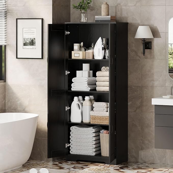 IDEALHOUSE 60" Tall Pantry Cabinet | Kitchen Storage Cabinet with 2 Doors & Adjustable Shelves, Wooden Cupboard for Bathroom，Dining Room, Living Room, Black