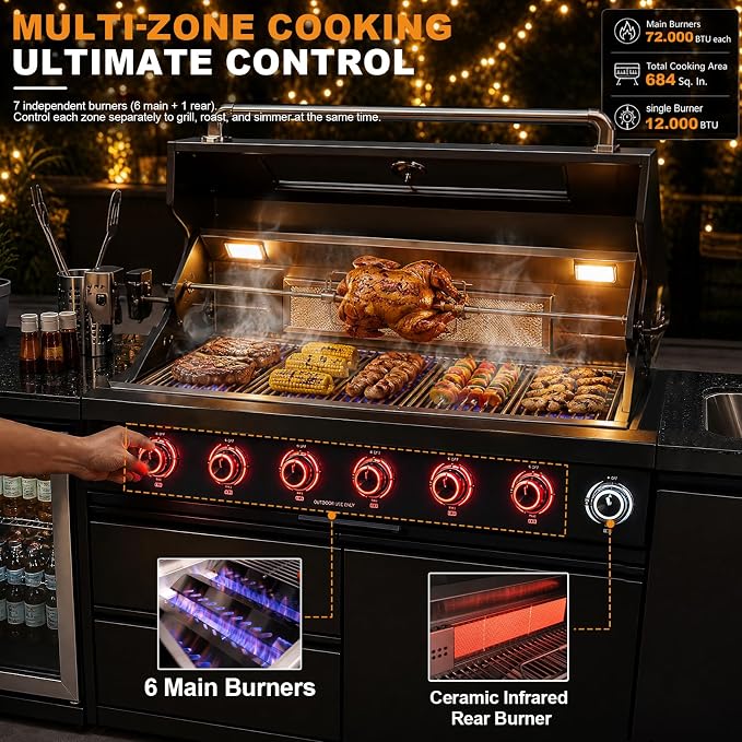 95.6" 6-Burner Modular Outdoor Kitchen Island, 85,000 BTU Propane Gas Grill | 6 Burners, Rear Infrared, Granite Countertop, Fridge, 360°Faucet,304 Sink, Rotisserie, Storage Cabinet
