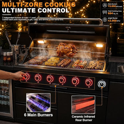 95.6" 6-Burner Modular Outdoor Kitchen Island, 85,000 BTU Propane Gas Grill | 6 Burners, Rear Infrared, Granite Countertop, Fridge, 360°Faucet,304 Sink, Rotisserie, Storage Cabinet