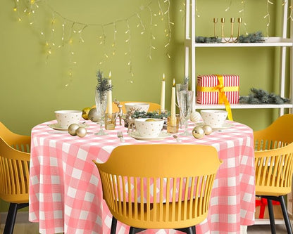 Disposable Checkered Tablecloth Round Plastic Buffalo Plaid Table Cloth 84'' Gingham Tablecover for Picnic Camping BBQ Graduation Party(Pink and White,6 Pieces)