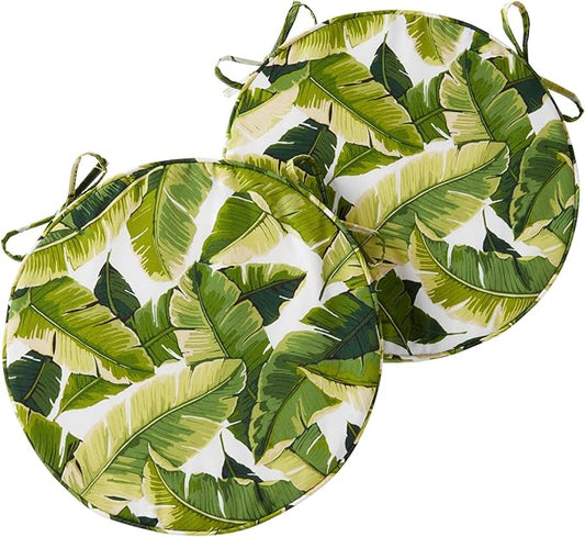 Set of 2 Outdoor 18 inch Round Patio Dining Chair Pads – Comfortable Fiber-Filled Seat Cushions with Ties, Reversible Polyester Fabric - Palm Leaves White