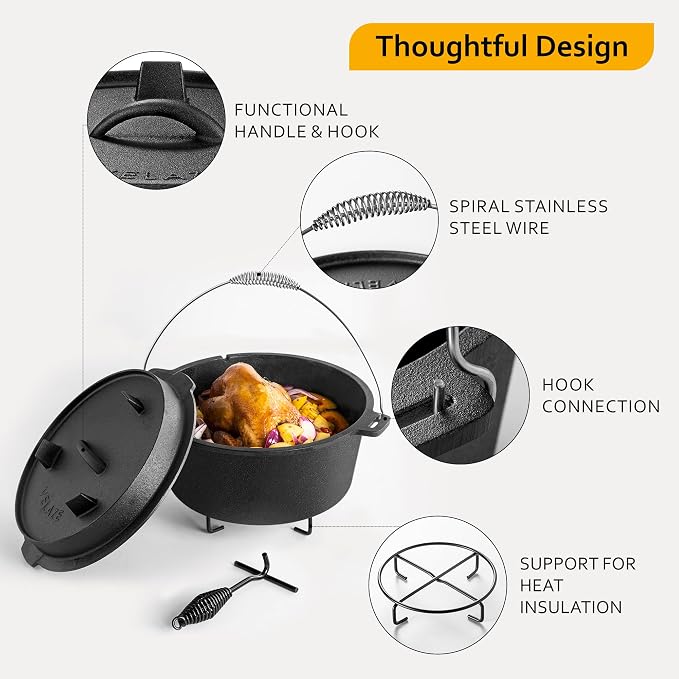Velaze 10 QT Pre-Seasoned Cast Iron Camping Dutch Oven Pot with Lid | Comes with Metal Handles, Lid Lifter,Stand Support,Use in Oven, on Stove,Grill,or Over Campfire,Capacity for 4-8 People
