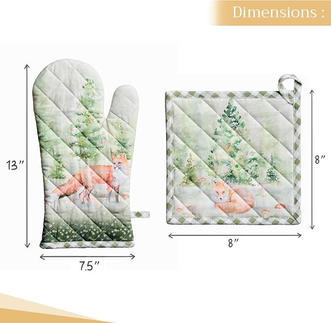Maison d' Hermine 100% Cotton Oven Mitt & Pot Holder Set (7.5"x13" & 8"x8") | Heat Resistant BBQ Cooking Gloves with Loop Baking Grilling Kitchen Home Farmhouse Thanksgiving Christmas - Winter Mornings