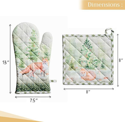 Maison d' Hermine 100% Cotton Oven Mitt & Pot Holder Set (7.5"x13" & 8"x8") | Heat Resistant BBQ Cooking Gloves with Loop Baking Grilling Kitchen Home Farmhouse Thanksgiving Christmas - Winter Mornings