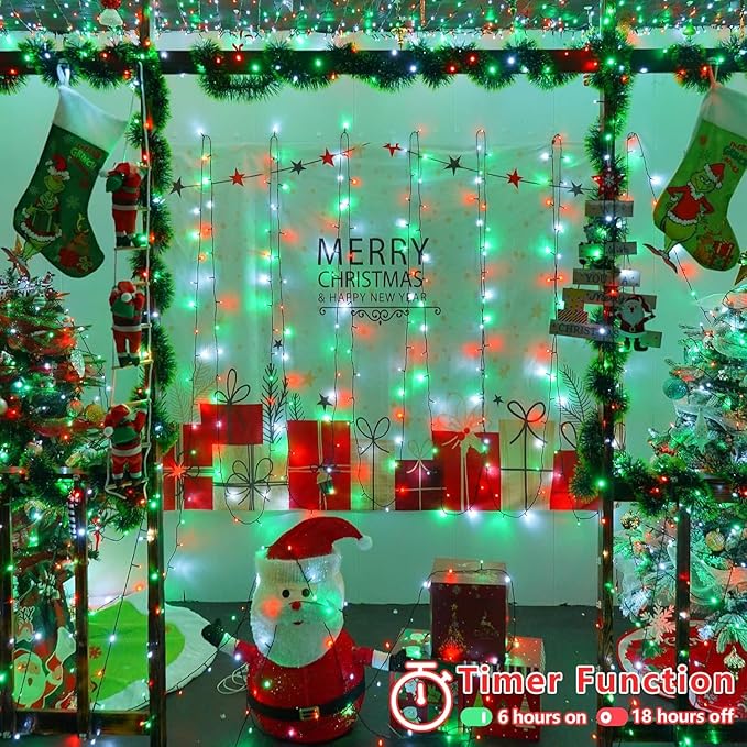 YEGUO 66ft 200 LED String Lights Outdoor Waterproof, 8 Modes Red White and Green Christmas Lights Plug in, Green Wire Twinkle Tree Lights Indoor with Timer Memory