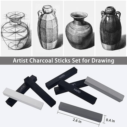 24 Pcs Compressed Charcoal Sticks with Soft, Medium, Hard and White Charcoal, Square Charcoal Stick Kit for Drawing, Sketching and Shading (12 Black + 4 Gray + 8 White)