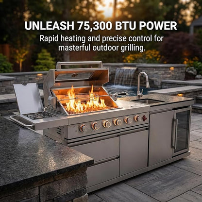 Premium 6-Burner 304 Stainless Steel Outdoor Kitchen Island with Grill, Sink, Refrigerator, Rotisserie & LED Lighting | 75,300 BTU Modular BBQ Station for Patio Backyard