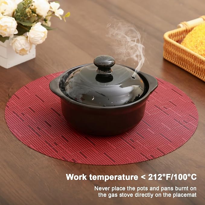 15 Inch Round Placemats Set of 4, Washable Vinyl Woven Place Mats | Heat Resistant Non-Slip Braided Table Mats for Dining Table Kitchen Indoor & Outdoor Use (Red, Set of 4)